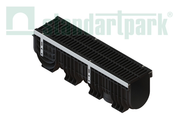 Лоток водоотводный пластиковый PolyMax Drive DN200 высотой 300 мм с решеткой щелевой чугунной ВЧ кл.С250 (к-т) 085671333